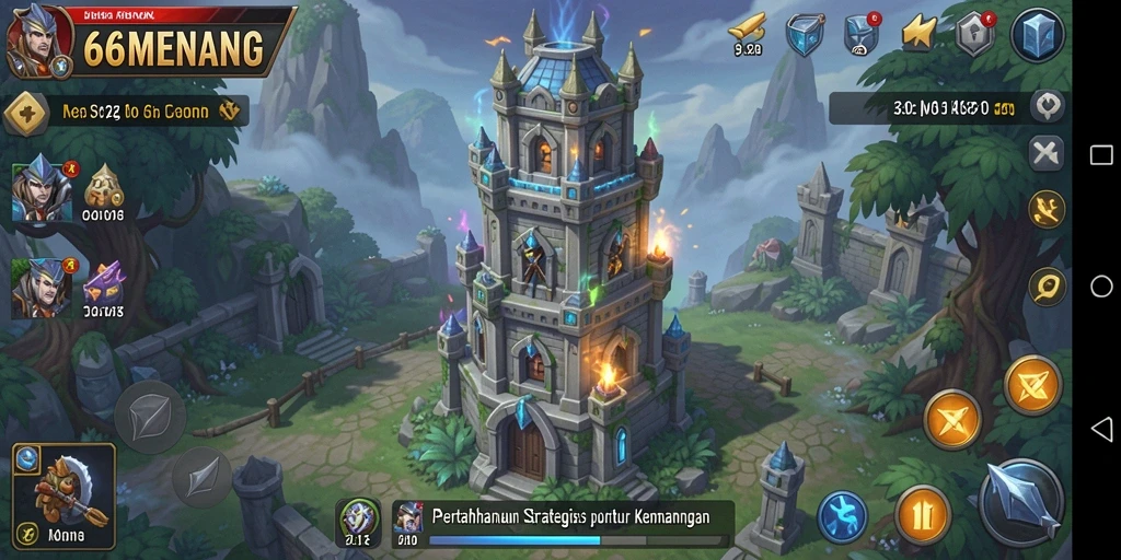 Tangkapan layar gameplay menunjukkan menara dan aksi pertahanan yang intens.