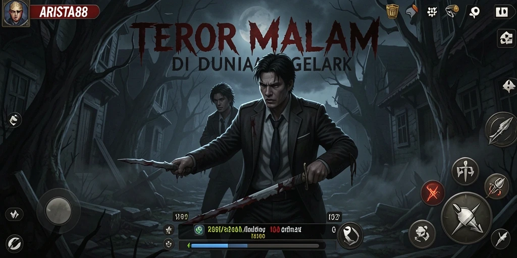 Screenshot gameplay ARISTA88 dengan suasana menakutkan dan makhluk menyeramkan.