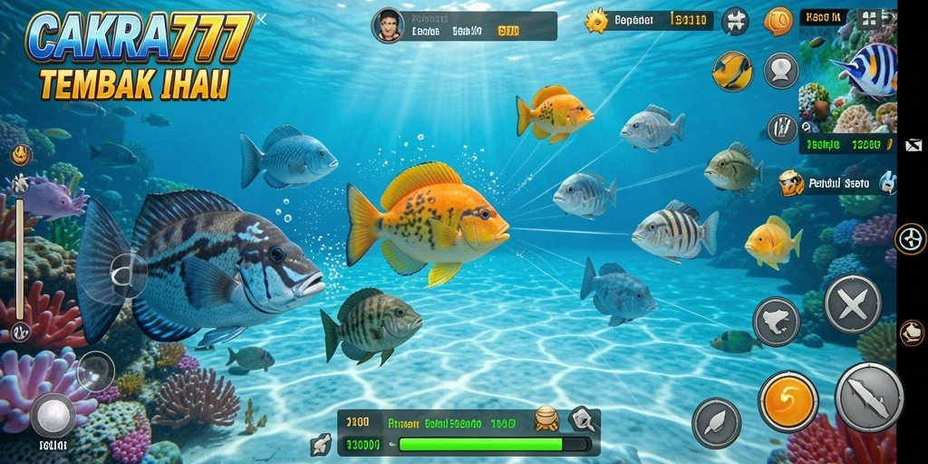 Tampilan gameplay CAKRA777 yang menampilkan aksi menembak ikan.