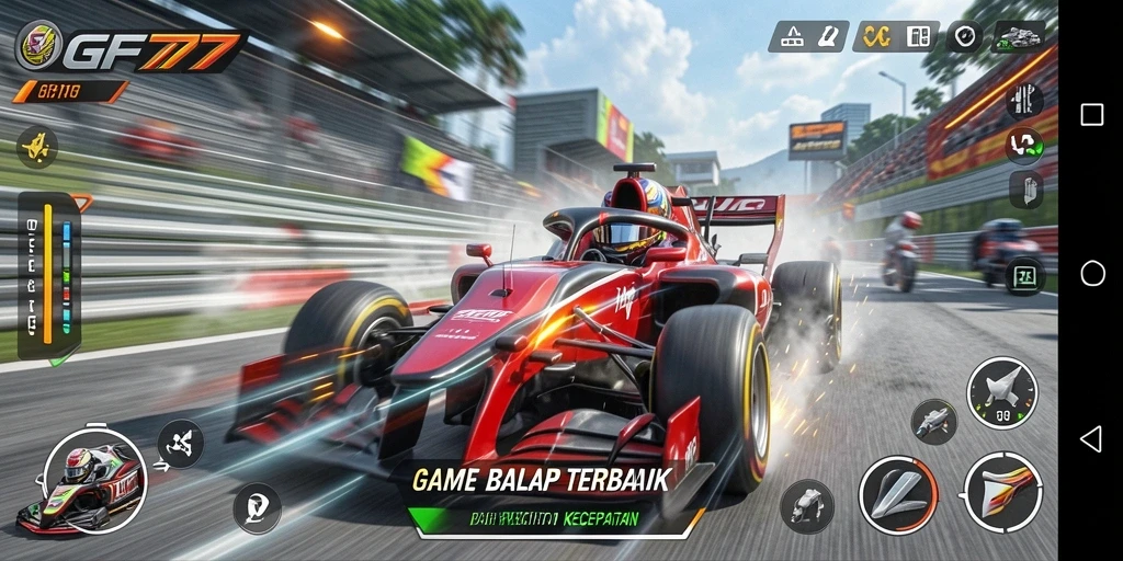 Screenshot GF777 menampilkan mobil balap di trek yang menantang.