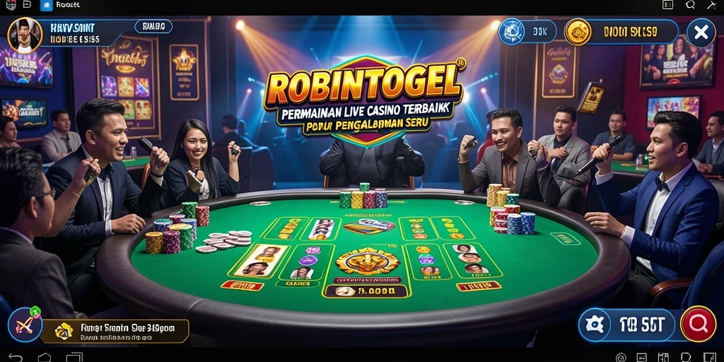 Screenshot gameplay ROBINTOGEL yang menampilkan dealer dan pemain dalam suasana Live Casino.